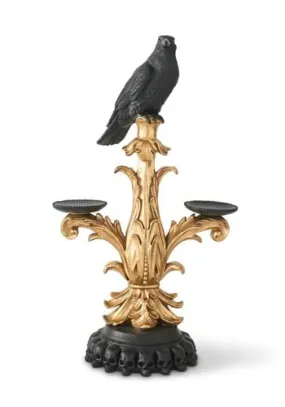 21" Gold & Black Resin Candelabra with Black Crow Decoration | Candles Holders