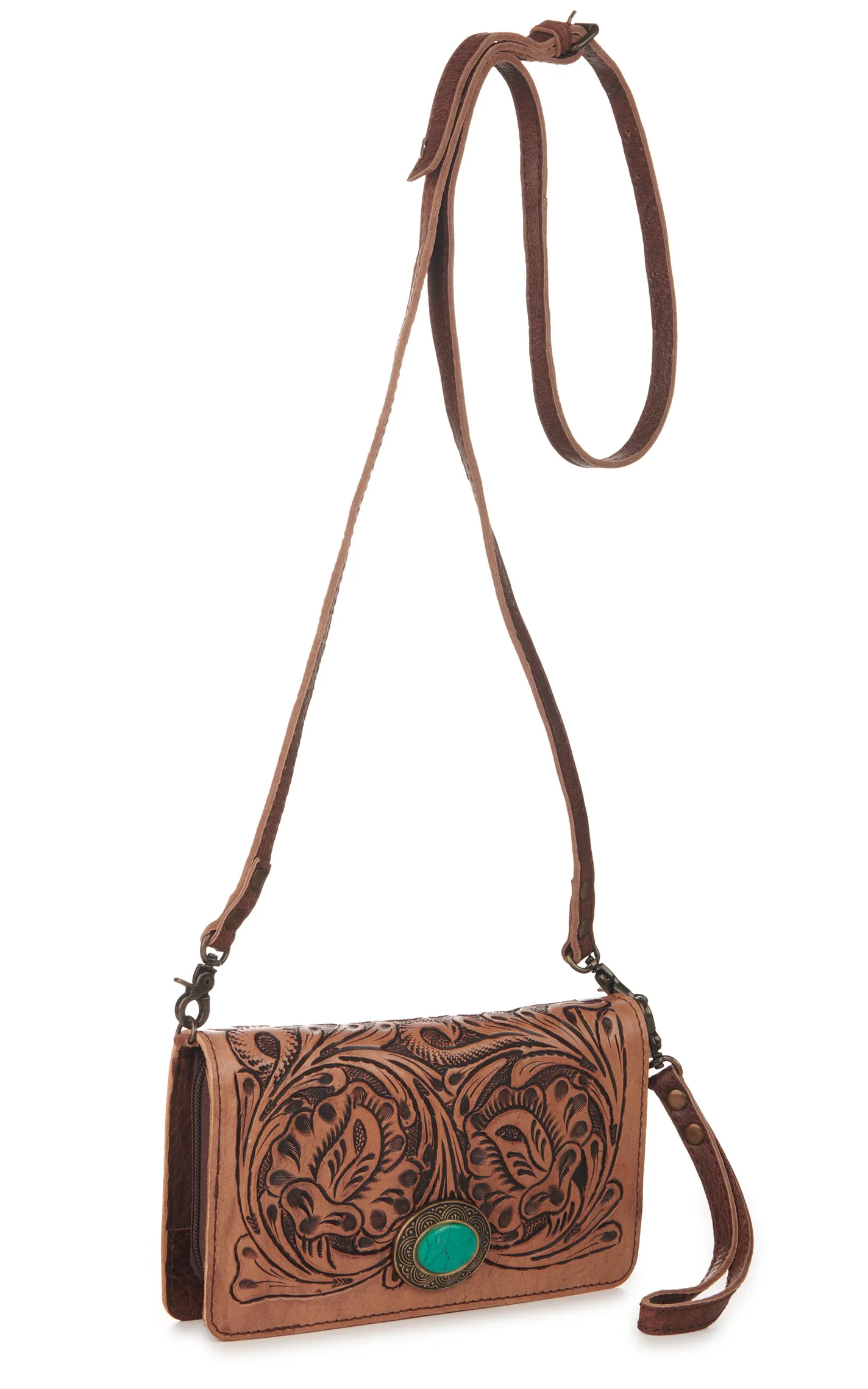 American Darling Brown Tooled with Turquoise Stone Wallet / Crossbody Purse