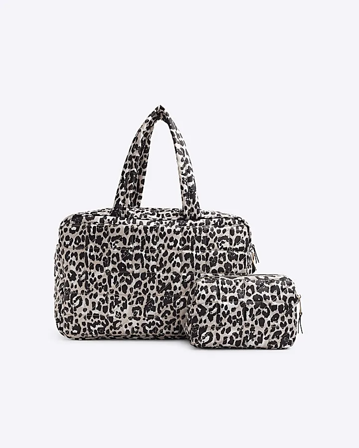 Beige quilted leopard travel and makeup bag