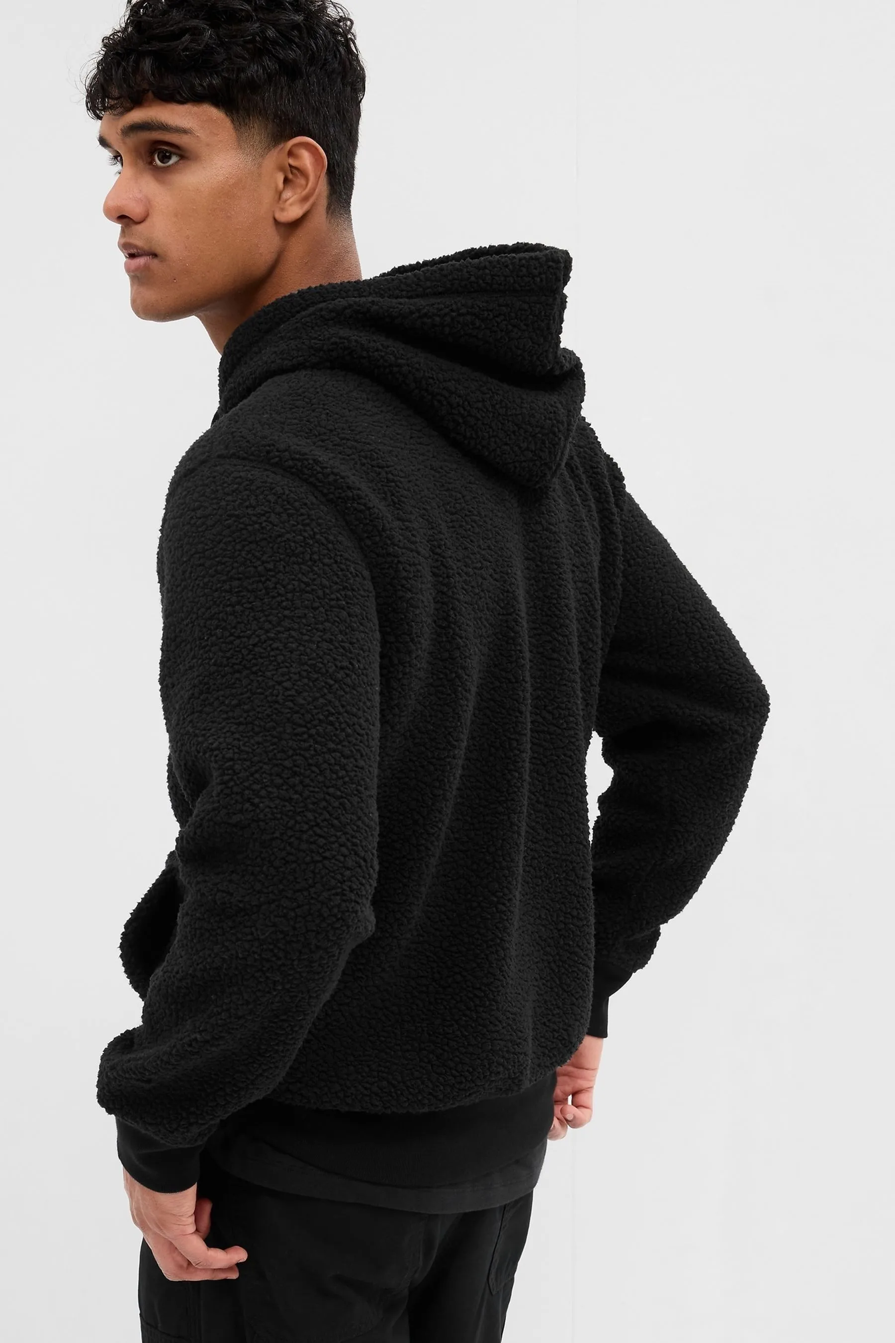 Black Logo Sherpa Long Sleeve Hoodie