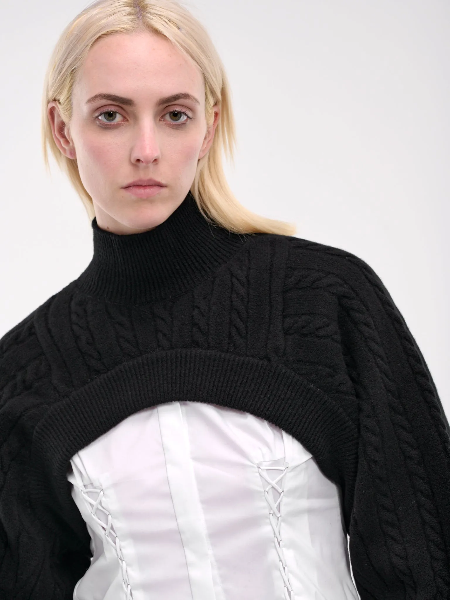 Cable-Knit Turtleneck Shrug (LMK2-0660-BLACK)