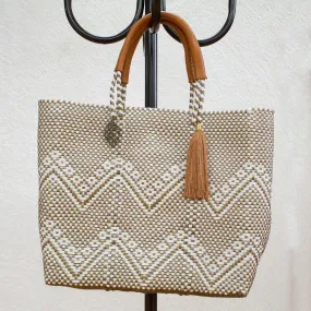 Golden Zigzags White and Gold-Tone Leather Accented Tote