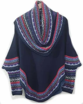 Knitted Turtleneck Poncho Cape Blue Superfine Alpaca Wool