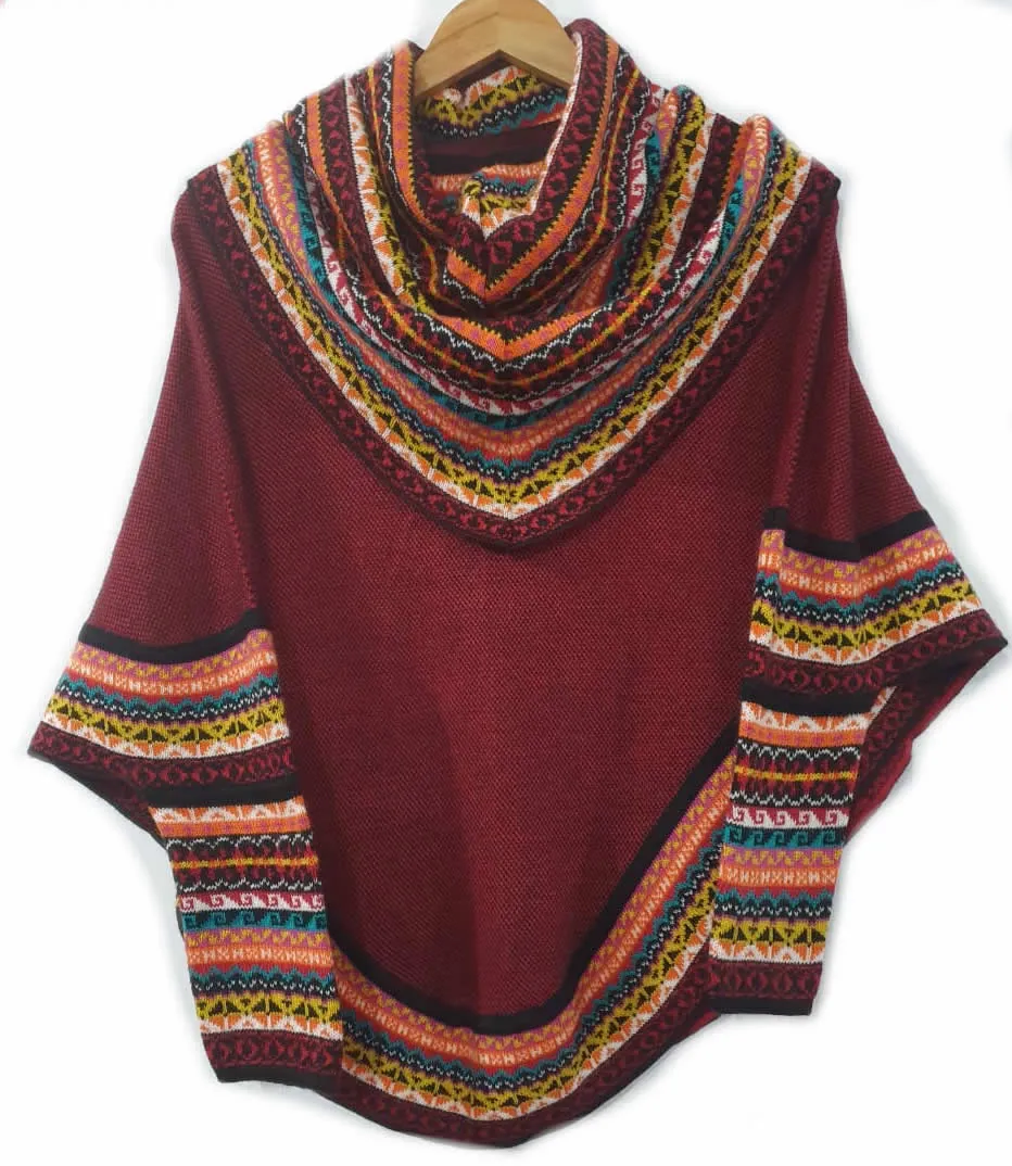 Knitted Turtleneck Poncho Cape Maroon Superfine Alpaca Wool