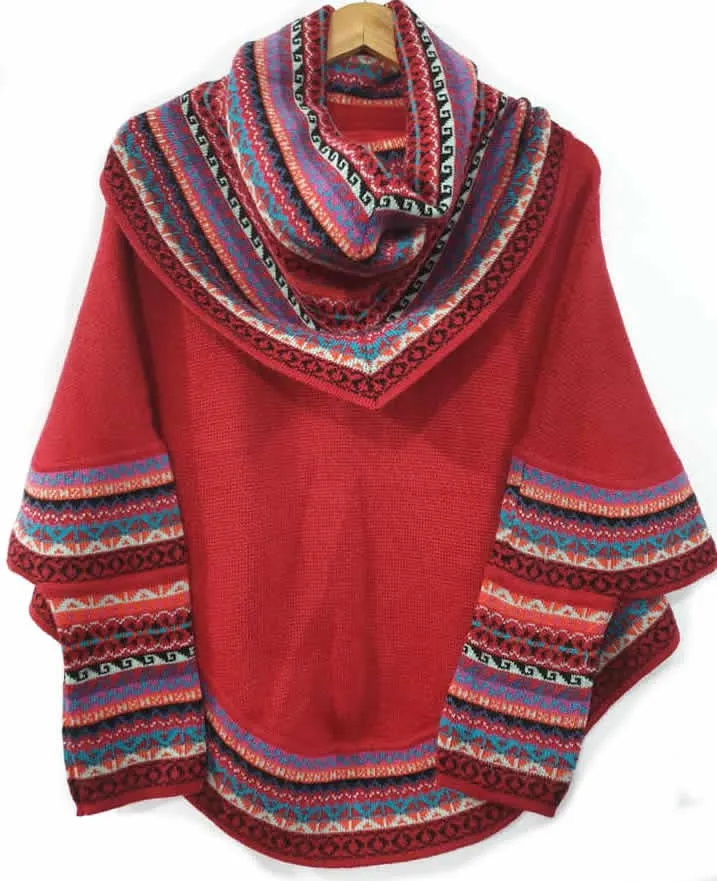 Knitted Turtleneck Poncho Cape Red Superfine Alpaca Wool