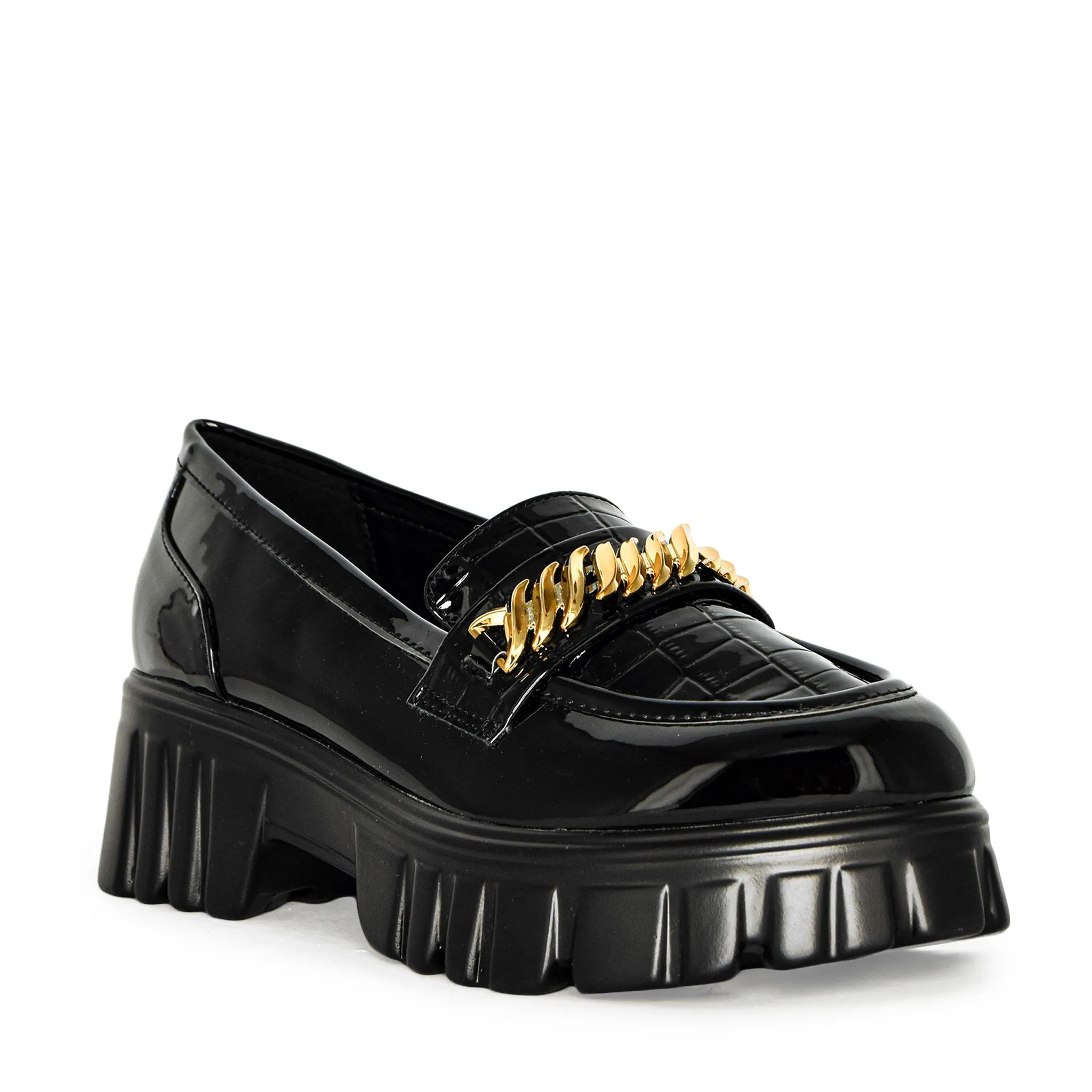 QUEENCE-02 Croco Leather Slip-On Chunky Lugsole Chain Loafer Flats