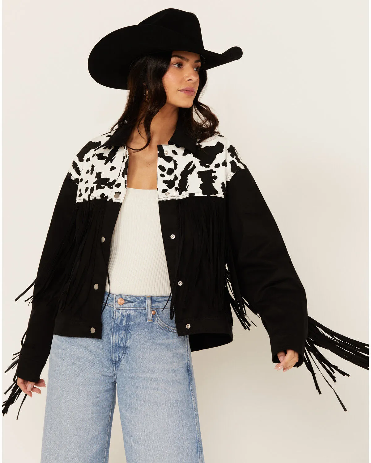 Saints & Hearts Women's Cow Print Fringe Jacket