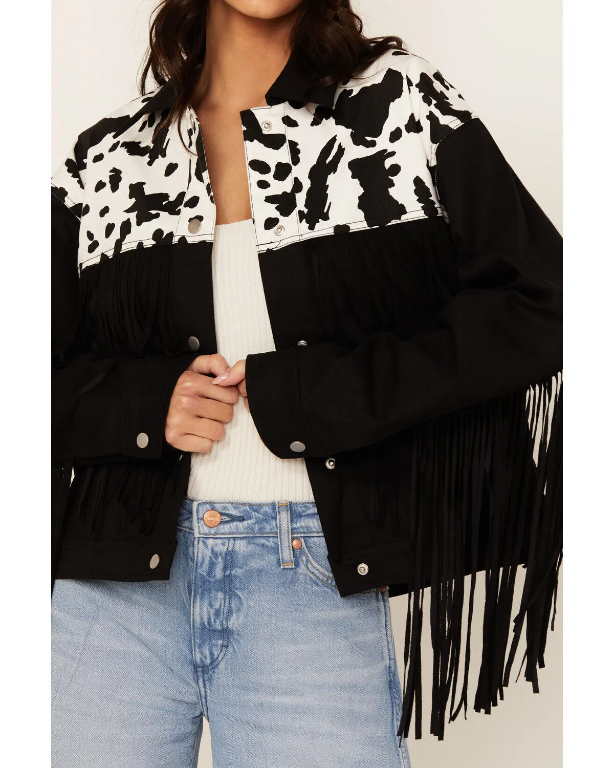 Saints & Hearts Women's Cow Print Fringe Jacket