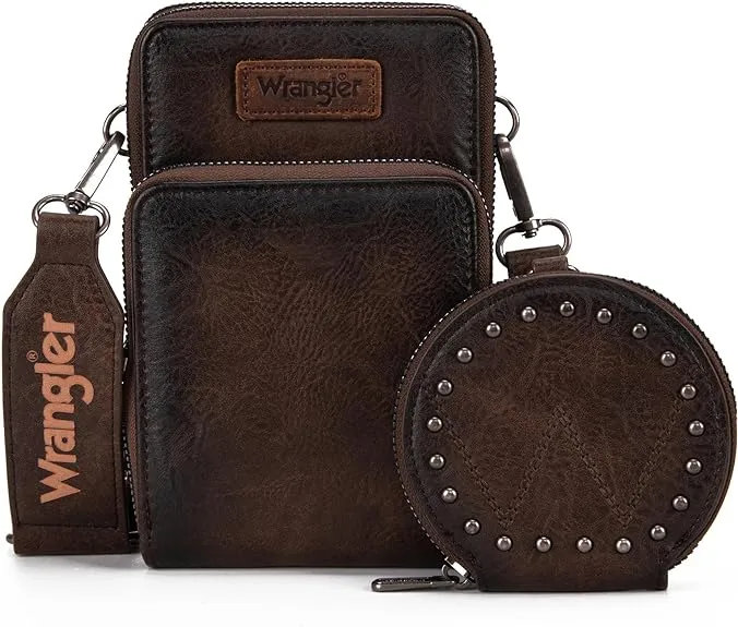 Wrangler Crossbody Cell Phone Purse 3 Zippered Compartment with Coin Pouch - Coffee - WG117207CF